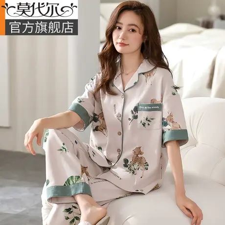 睡衣女款夏天纯棉短袖开衫印花中年妈妈女士莫代尔家居服套装春秋商品大图