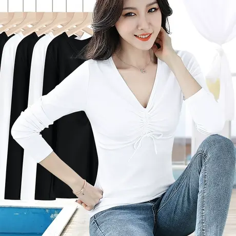 纯色螺纹棉质v领t恤女春秋新款白色简约显瘦收褶抽绳长袖套头上衣图片