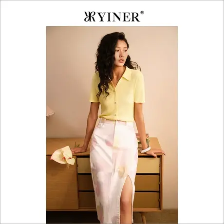 YINER音儿女装夏季不规则纯棉开衩包臀半身裙商品大图