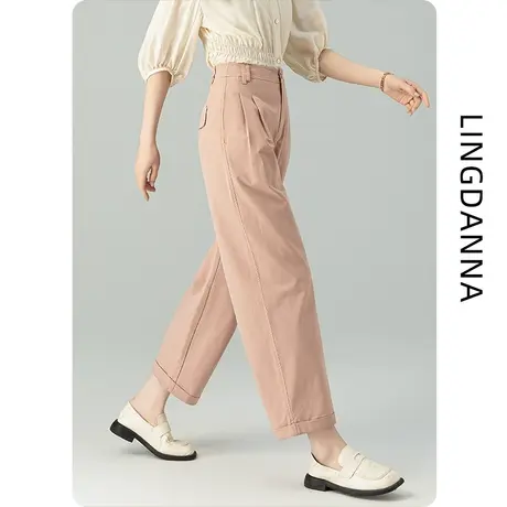 粉色裤子直筒休闲裤女春夏薄款新款气球云朵裤九分天丝哈伦镰刀裤商品大图