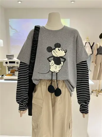 假两件拼接条纹复古卡通印花春秋美式百搭磨毛棉长袖t恤女打底衫图片