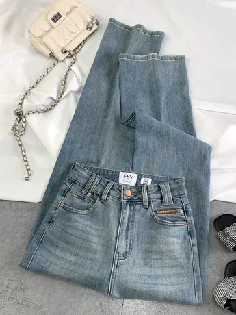 东大门复古磨白牛仔直筒裤女2024春季新款显瘦百搭高腰弹力烟管裤商品大图