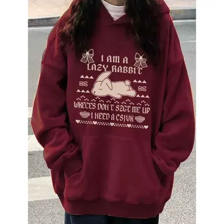 酒红色连帽卫衣女秋冬2022年新款设计感宽松慵懒港风chic上衣外套图片