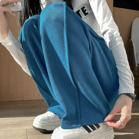 蓝色休闲阔腿香蕉裤女春秋大码高腰显瘦垂感宽松卫裤直筒运动裤子图片