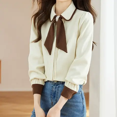 韩潮袭人时尚复古设计感长袖衬衫宽松显瘦优雅百搭衬衣图片