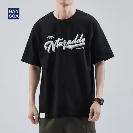 hansca 黑色t恤男短袖纯棉休闲大码夏季新款潮牌印花宽松百搭上衣商品大图