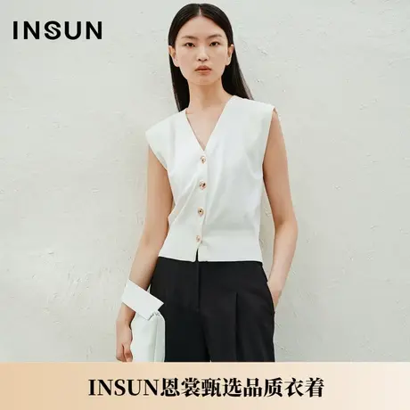 INSUN恩裳夏季无袖V领金属扣弹力针织衫商品大图