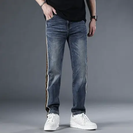 2024春夏季新款侧条纹阔腿牛仔裤男美式高档高街宽松直筒阔腿裤商品大图