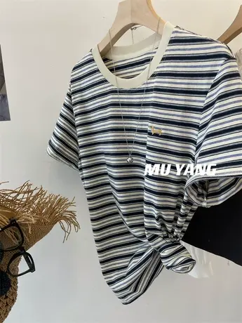小狗刺绣条纹T 2024/春季显瘦百搭短袖T恤女棉感圆领休闲半袖上衣图片