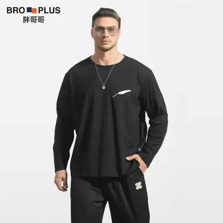 [羽毛刺绣T恤]大码长袖T恤男加肥加大宽松胖子运动纯棉男士打底衫商品大图