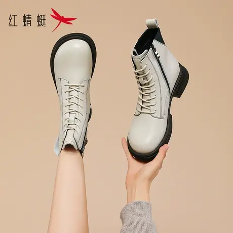 红蜻蜓白色马丁靴2023年秋冬新款鞋子女皮鞋真皮软皮软底靴子短靴商品大图