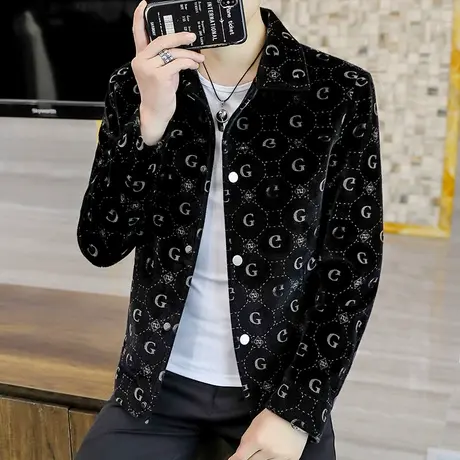 夹克男士秋季韩版翻领帅气平绒高端潮牌男装仿水貂绒加厚冬装外套商品大图