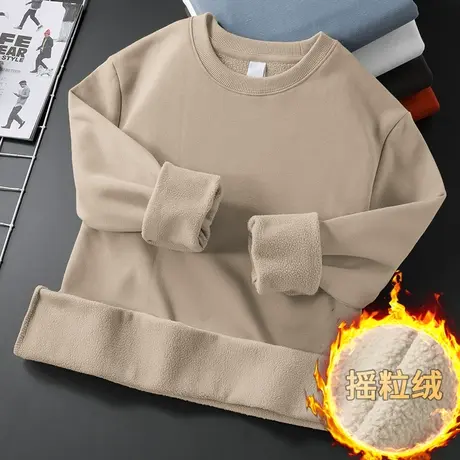 摇粒绒长袖t恤男装圆领上衣服秋冬季加绒加厚宽松潮流内搭打底衫商品大图