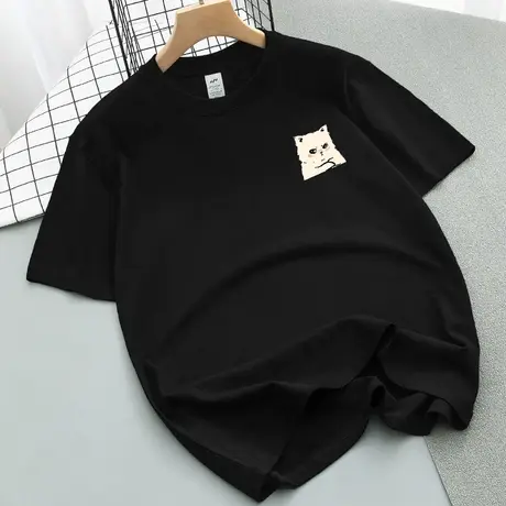 重磅纯棉t恤男短袖夏季宽松潮流圆领黑色上衣服全棉半袖印花体恤商品大图