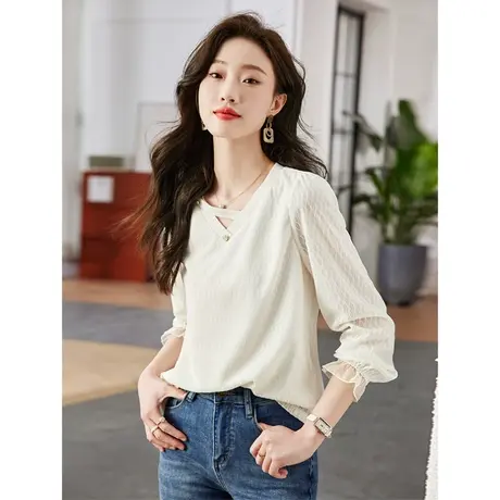 时尚气质甜美针织衫2023年春夏新款淑女温柔宽松显瘦百搭V领 衬衫商品大图