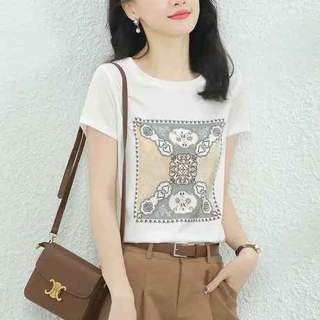 韩潮袭人圆领印花雪纺拼接短袖白T恤宽松设计感上衣夏季薄款体恤商品大图