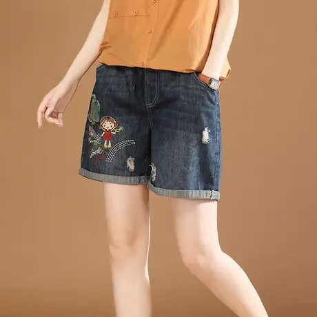 韩潮袭人松紧腰刺绣休闲牛仔短裤女2023夏新款宽松显瘦哈伦热裤薄商品大图