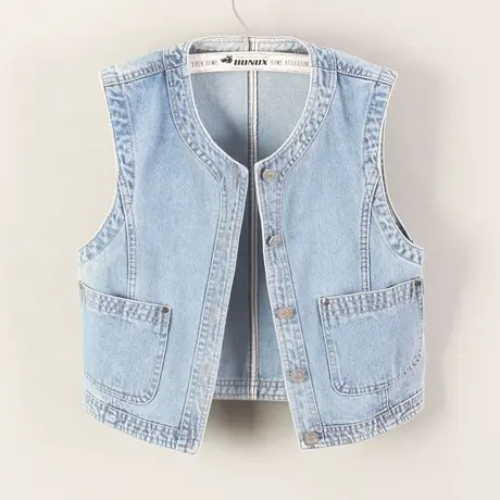 牛仔马甲女背心短款2023春秋新款无袖休闲小外搭修身圆领坎肩浅蓝商品大图