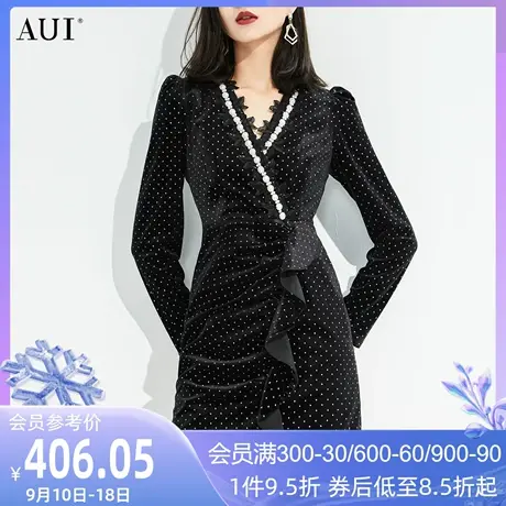 AUI法式复古黑色丝绒V领连衣裙2023女秋新款高端气质修身波点裙子图片