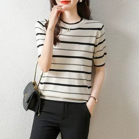 短袖夏季女士宽松薄款t恤条纹打底冰丝针织衫韩版新款透气上衣图片