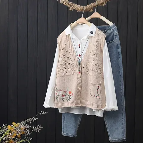 文艺复古刺绣V领镂空针织马甲女士秋季新款无袖毛衣开衫马夹外搭商品大图