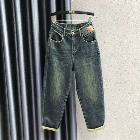复古休闲个性贴标小脚老爹裤潮23女秋新款显瘦高腰磨白牛仔哈伦裤图片