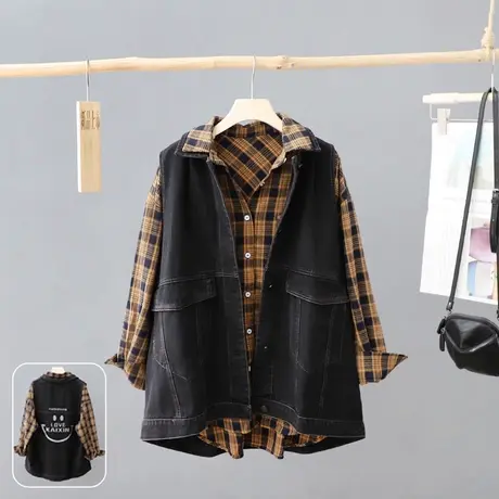 大码穿搭黑色牛仔马夹女无袖宽松马甲外穿印花外套坎肩工装上衣潮图片