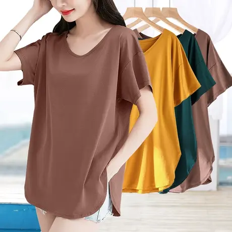 纯色t恤女夏中长款大码宽松小众设计感短袖上衣新款百搭v领体恤衫图片