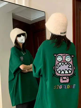 绿色夏季短袖t恤女oversize潮牌美式复古小众设计感半袖显瘦上衣商品大图