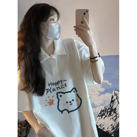 纯棉polo衫设计感短袖t恤女夏季新款小众韩版宽松大码上衣服潮牌图片