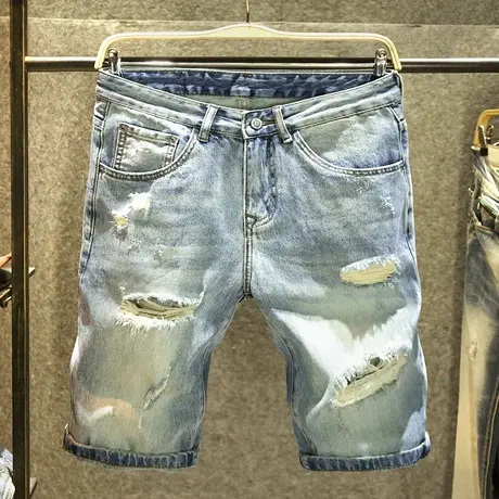 夏季外穿牛仔短裤男款宽松直筒中裤潮牌港风破洞刮烂乞丐五分裤子商品大图