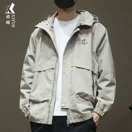 希越纯色户外防泼水冲锋衣男秋季宽松大码连帽防风刺绣工装外套潮商品大图