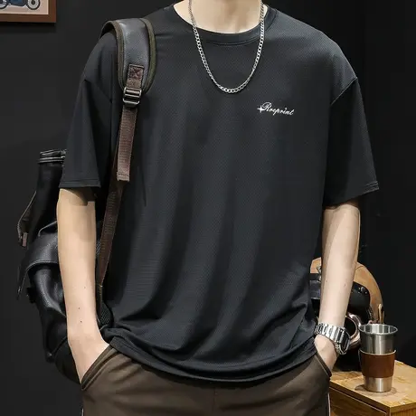 网眼透气冰丝短袖t恤男士宽松大码夏季2023新款男款轻薄男装体恤商品大图