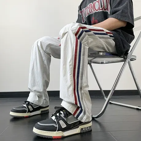 裤子男夏季薄款侧边条纹速干降落伞裤高街潮牌痞帅阔腿伐木休闲裤商品大图