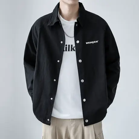 外套男春秋季基础款纯色休闲无帽上衣服胖子大码帅气翻领教练夹克商品大图