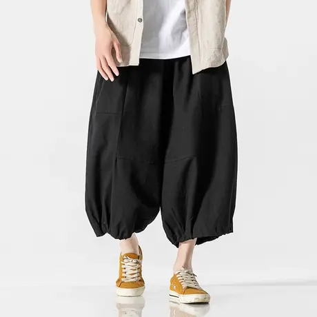 山本耀司暗黑系短裤男宽松加肥加大码阔腿七分裤抽绳束脚灯笼裤潮图片