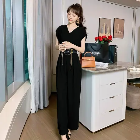 黑色工装连体裤女2024年夏季新款时尚洋气长款高腰显瘦垂感连体衣图片
