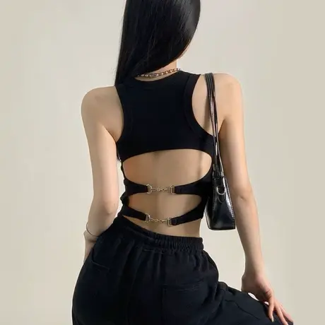 美式辣妹露背吊带背心女夏外穿带胸垫美背镂空上衣黑色短款2023新图片