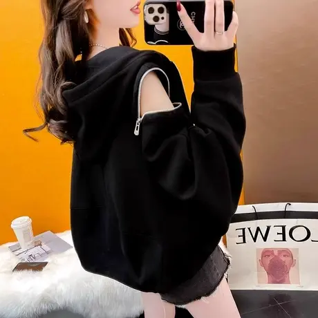 春秋款大码胖mm时髦开衫外套女韩版宽松设计感拉链连帽卫衣200斤商品大图
