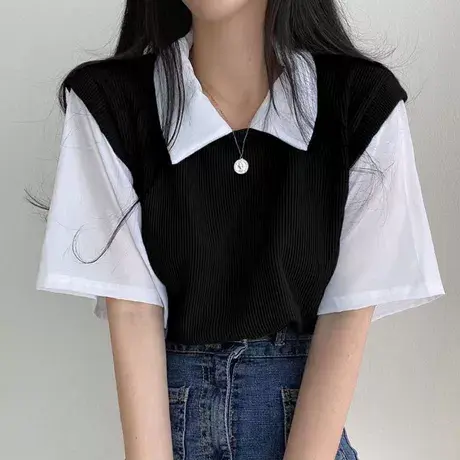 POLO翻领学院风T恤假两件拼接撞色简约宽松休闲显瘦百搭女装上衣图片