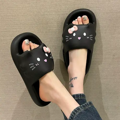 可爱猫咪一字拖女夏季外穿卡通室内室居浴室防滑踩屎感厚底凉拖鞋商品大图