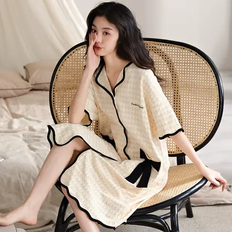 婷美睡裙女款夏天纯棉短袖开衫连衣裙女士睡衣薄款宽松翻领家居服商品大图