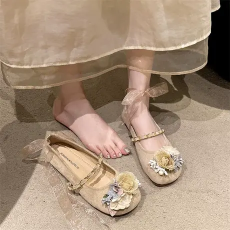 法式玛丽珍鞋女2024春夏季新款复古绒面浅口单鞋蝴蝶结平底奶奶鞋商品大图