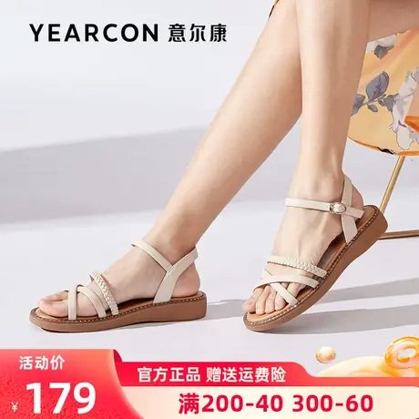 意尔康女鞋2023年新款夏季一字带平底中跟凉鞋女舒适软底百搭仙女商品大图