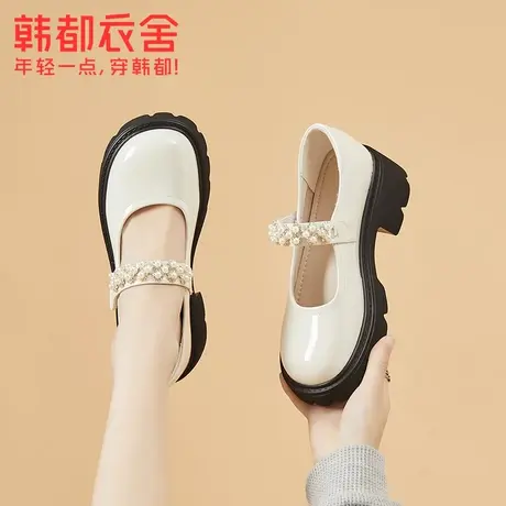 玛丽珍鞋秋季女鞋中跟鞋子甜酷单鞋水钻带白色小皮鞋英伦风乐福鞋图片