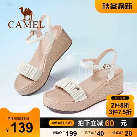 骆驼女鞋新款羊皮一字带高跟罗马凉鞋女真皮坡跟凉鞋女图片