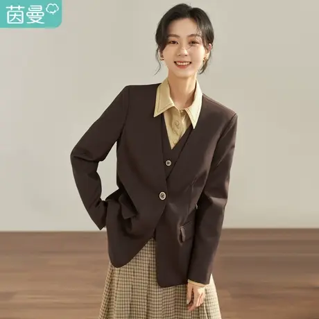 【商场同款】茵曼2023春女装新款复古双层假两件翻袋宽松长袖西装图片