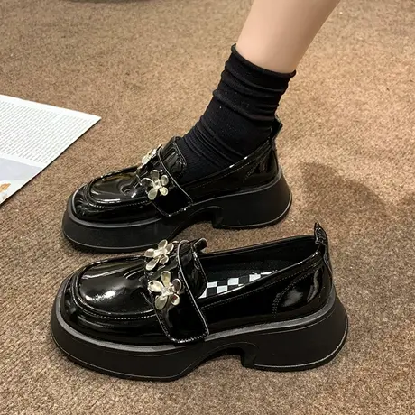 厚底小皮鞋女2024春季新款英伦单鞋法式复古高跟春秋款百搭乐福鞋商品大图