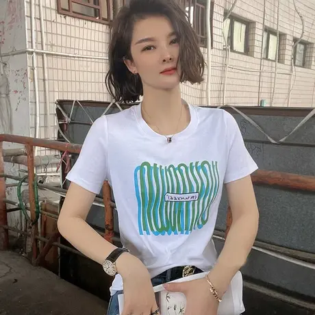 欧洲站潮流线条印花短袖T恤女夏季2023新款外穿百搭洋气体恤上衣商品大图