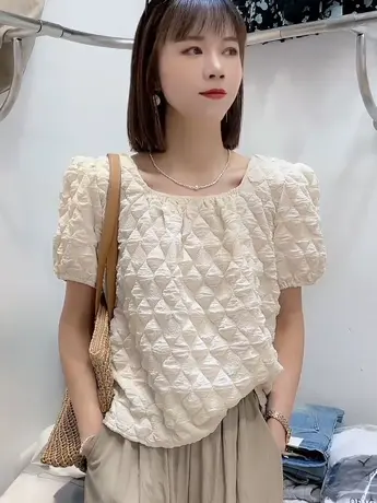 韩系温柔风泡芙格短袖小衫衬衣女夏季新款别致小众显瘦百搭纯色潮商品大图
